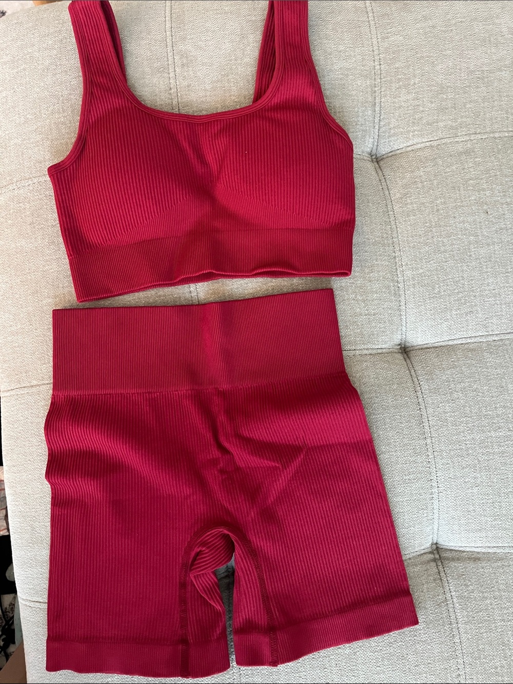 Seamless Ribbed Crop Tank & High-Waist Biker Short Set - Red